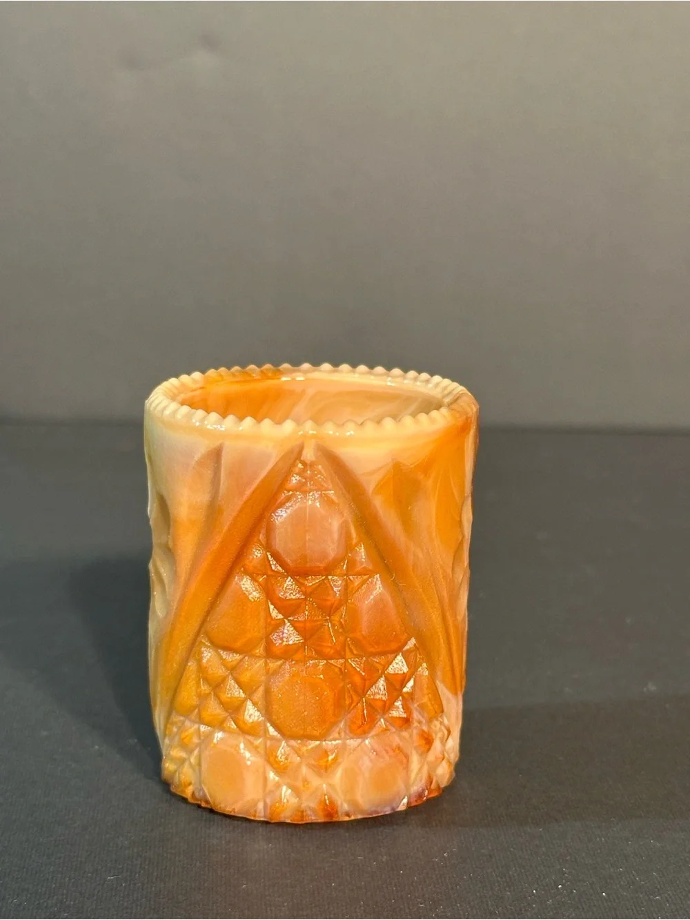 Joe St. Clair Glass Carmel Chocolate Slag Toothpick Holder Flower Button Pattern